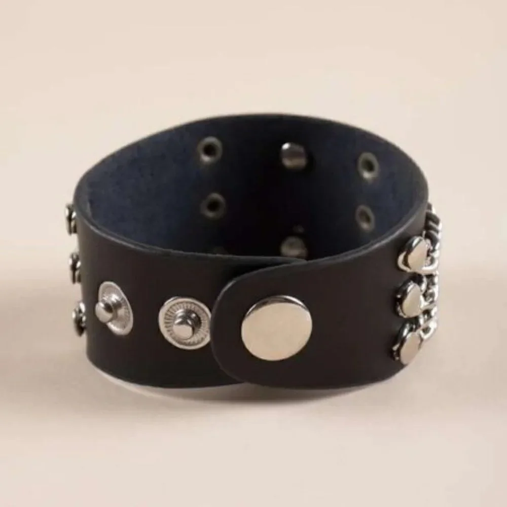 Black Leather Silver Skull Cross Bones Chain Wristband